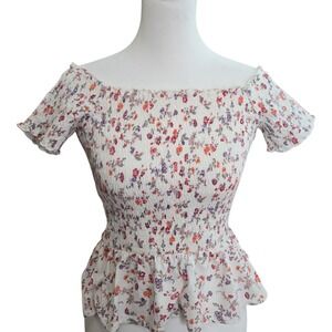 American Eagle Outfitters Smocked Off Shoulder Floral Peplum Top Womens S/CH Fun